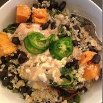 Sauteed greens quinoa black beans sweet potato tahini sauce