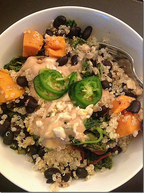 Sauteed greens quinoa black beans sweet potato tahini sauce